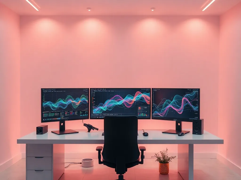 High-tech minimalist workstation with multiple screens showi