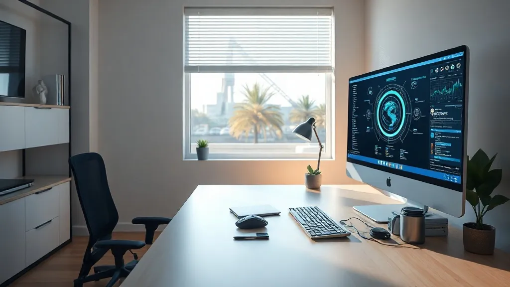 A high-tech workspace with clean lines, minimal aesthetic, s